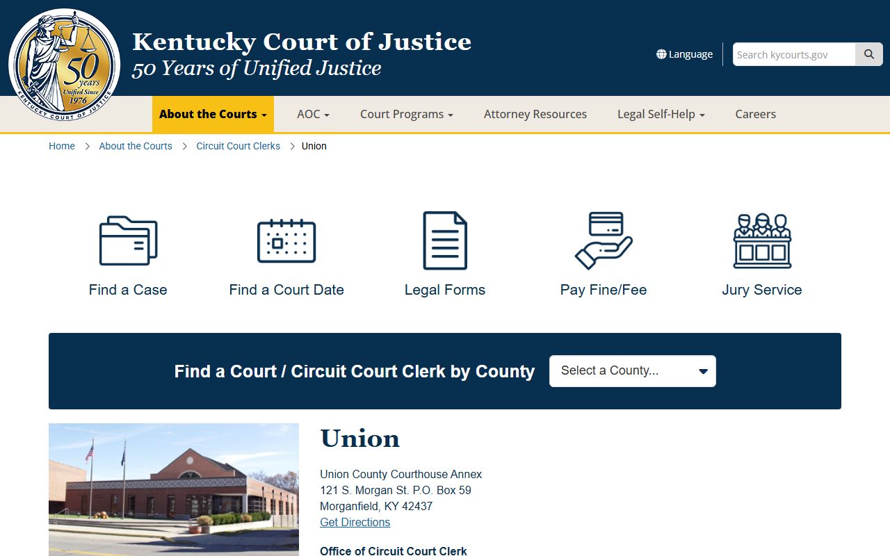Union County Kentucky Court of Justice page for court records after jail arrest