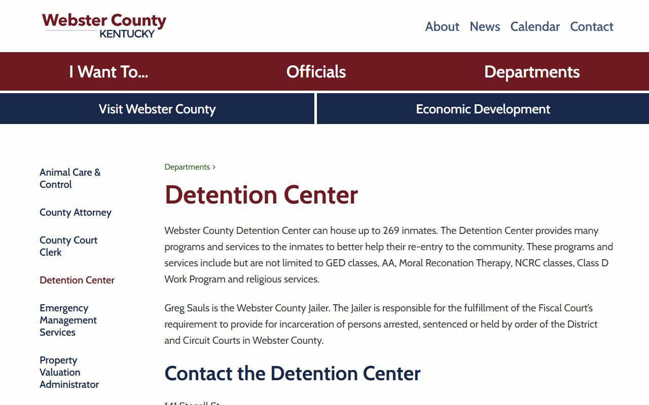 Webster County Detention Center inmate population source for Union County jail custody